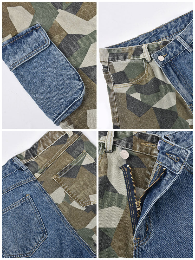 Camouflage Denim Patchwork Pants with Pockets