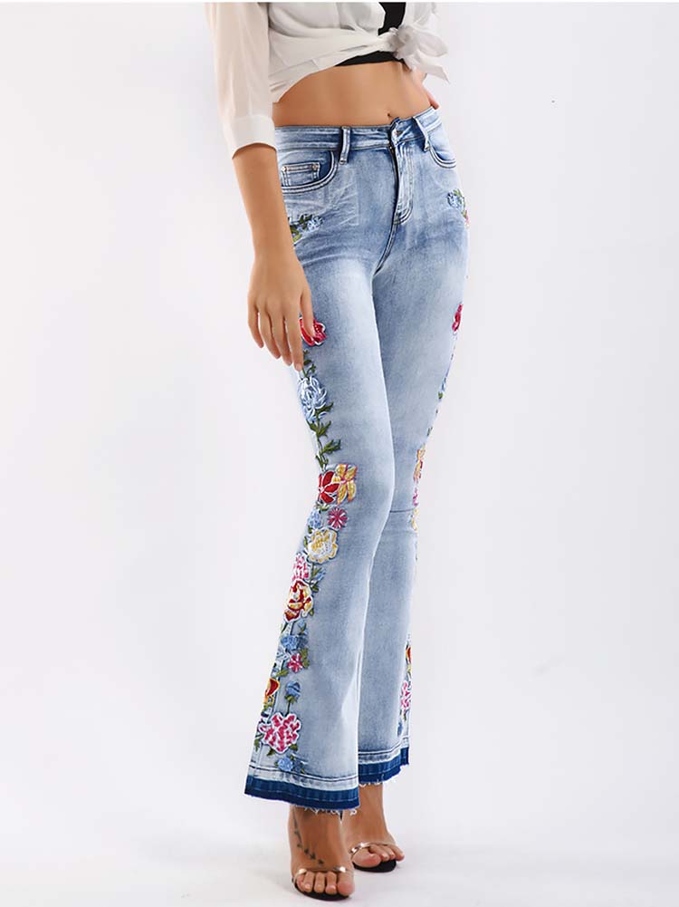 Embroidered Bell-bottom Jeans