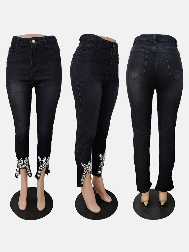 Beading Mid Waist Skinny Jeans