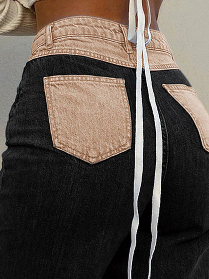 Panelled Contrast Color Straight Jeans