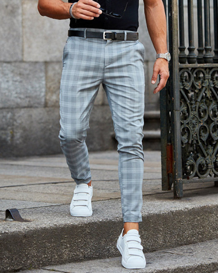 Men' s  Casual Grid Skinny Long Pants