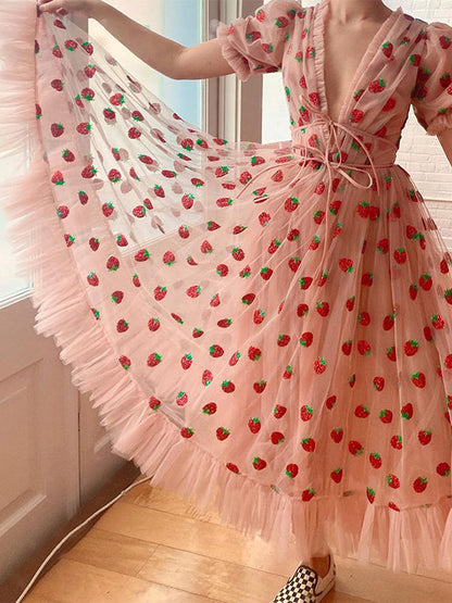 Sequined Strawberry Mesh Pleated Maxi Dress