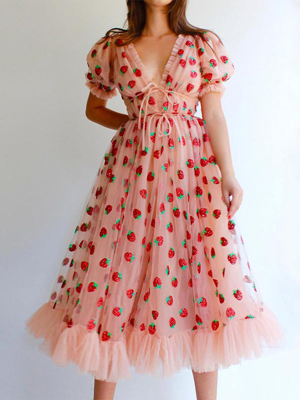 Sequined Strawberry Mesh Pleated Maxi Dress