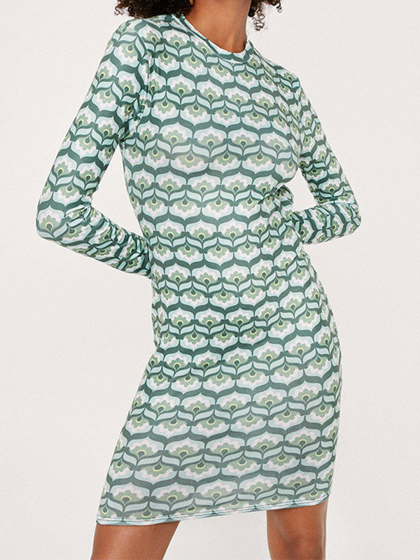 Backless Printed Long Sleeve Midi Dress
