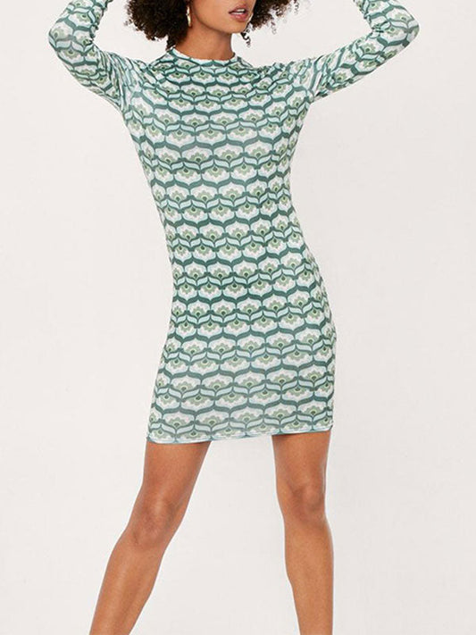 Backless Printed Long Sleeve Midi Dress