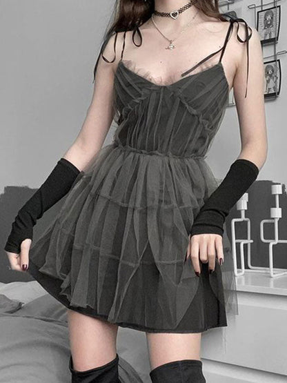 Y2K Gothic Patchwork Mesh Tie Strap Mini Dress