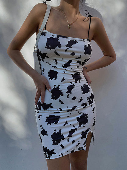 Cow Print Tie Strap Mini Dress