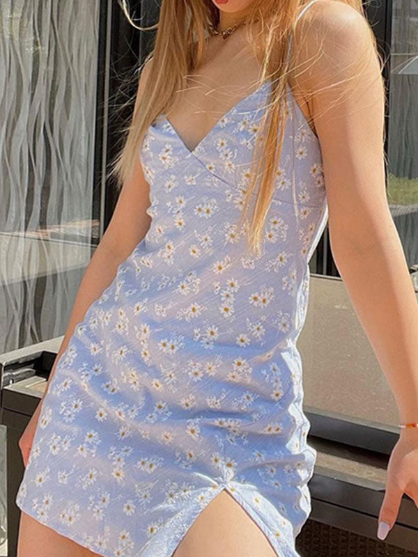 Daisy Pattern Split Slip Mini Dress