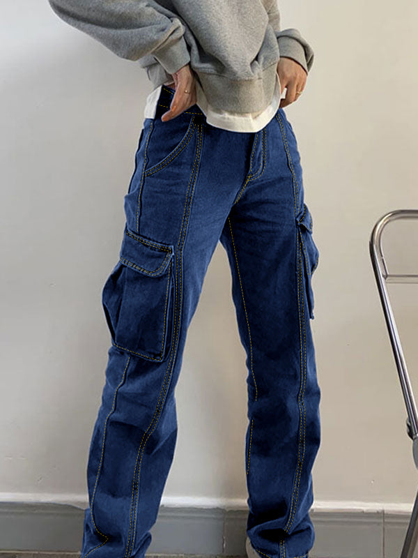 Washed Mid Waist Pocket Cargo Jeans