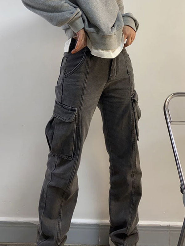 Washed Mid Waist Pocket Cargo Jeans