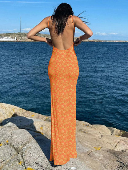 Backless Floral Print Bodycon Maxi Dress