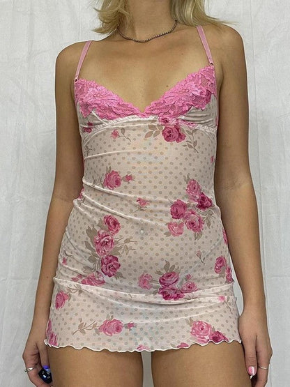 Lace Paneled Rose Print Mesh Mini Dress
