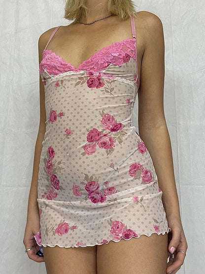 Lace Paneled Rose Print Mesh Mini Dress