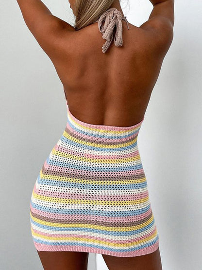 Color Block Striped Crochet Knit Halter Mini Dress