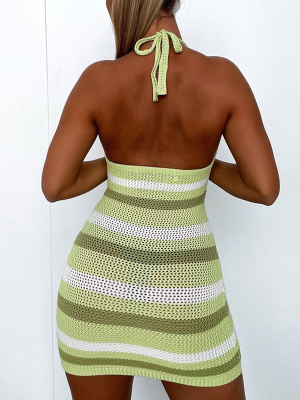 Color Block Striped Crochet Knit Halter Mini Dress