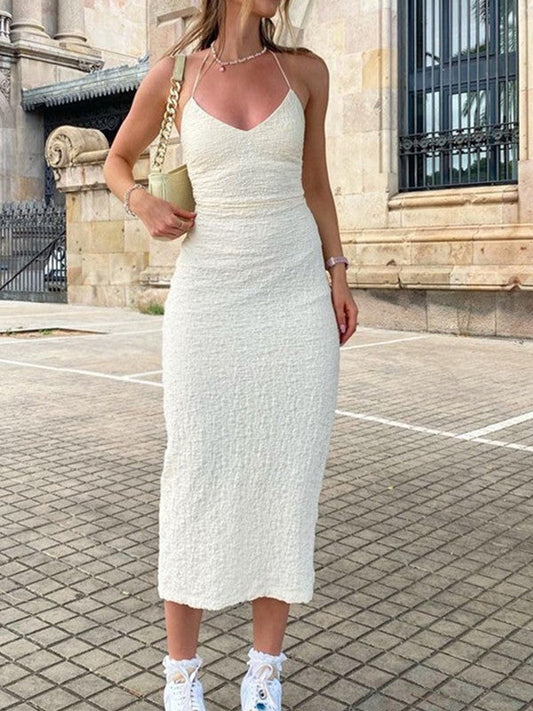 Textured Split Halter Maxi Dress