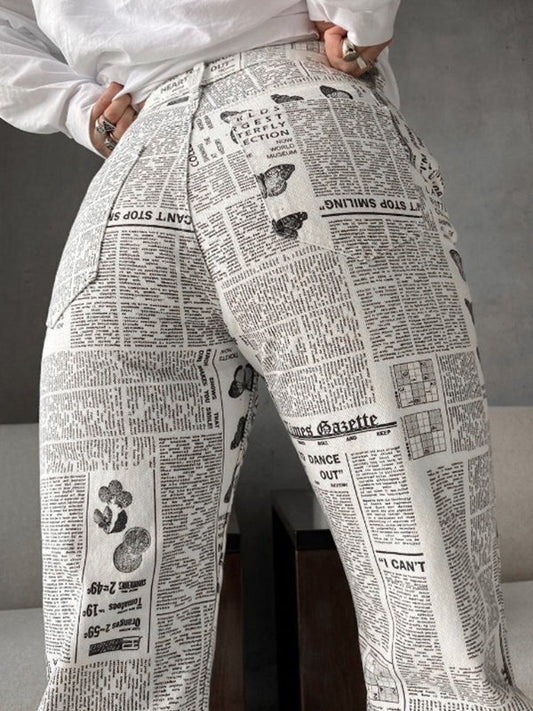 Newspaper Print Washed Boyfriend Jeans