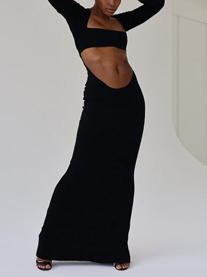 Long Sleeve Cutout Black Maxi Dress