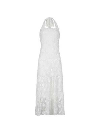 White Floral Lace Halter Maxi Dress
