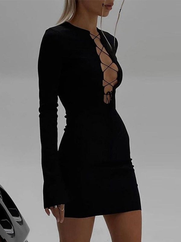 Tie Front Ribbed Long Sleeve Mini Dress