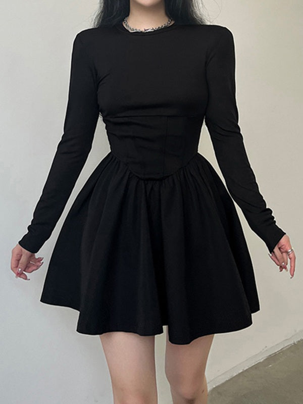 Corset Detail Black Long Sleeve Mini Dress