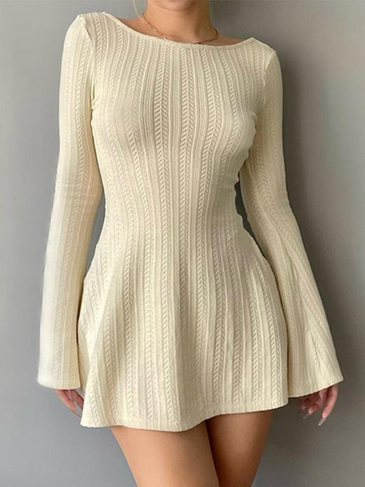 Backless Knitted Long Sleeve Mini Dress