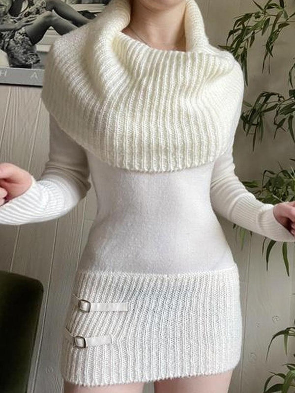 White Collar Long Sleeve Sweater Mini Dress