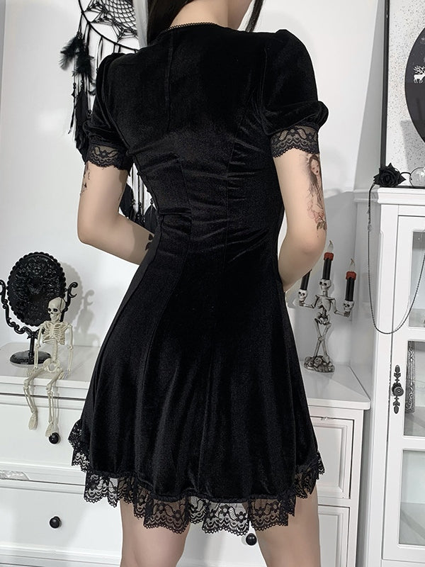 Lace Paneled Puff Sleeve Velvet Mini Dress