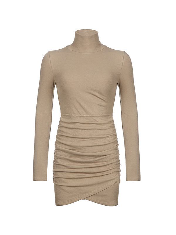 Ruched Mock Neck Long Sleeve Knitted Mini Dress