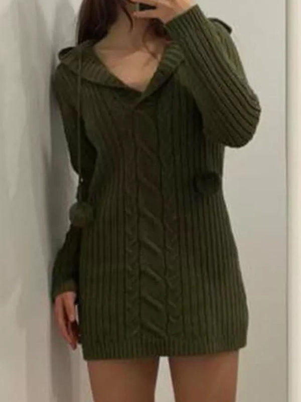 Green Hooded Long Sleeve Knitted Mini Dress