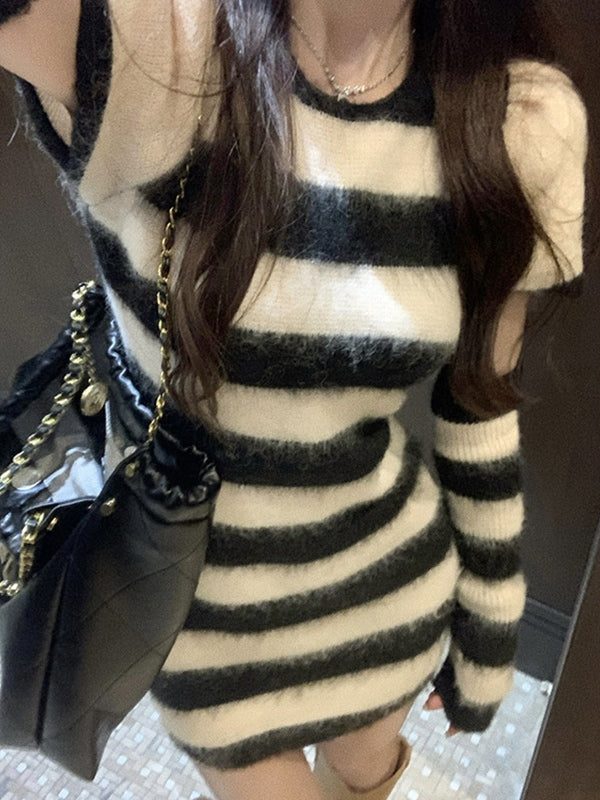 Arm Warmer Striped Fuzzy Knit Mini Dress