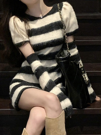 Arm Warmer Striped Fuzzy Knit Mini Dress