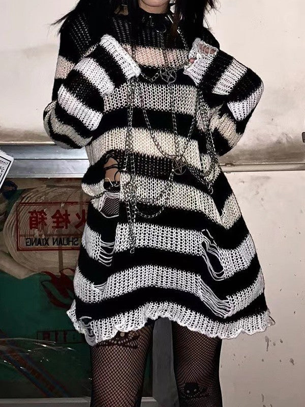 Gradient Striped Distressed Long Sleeve Mini Dress