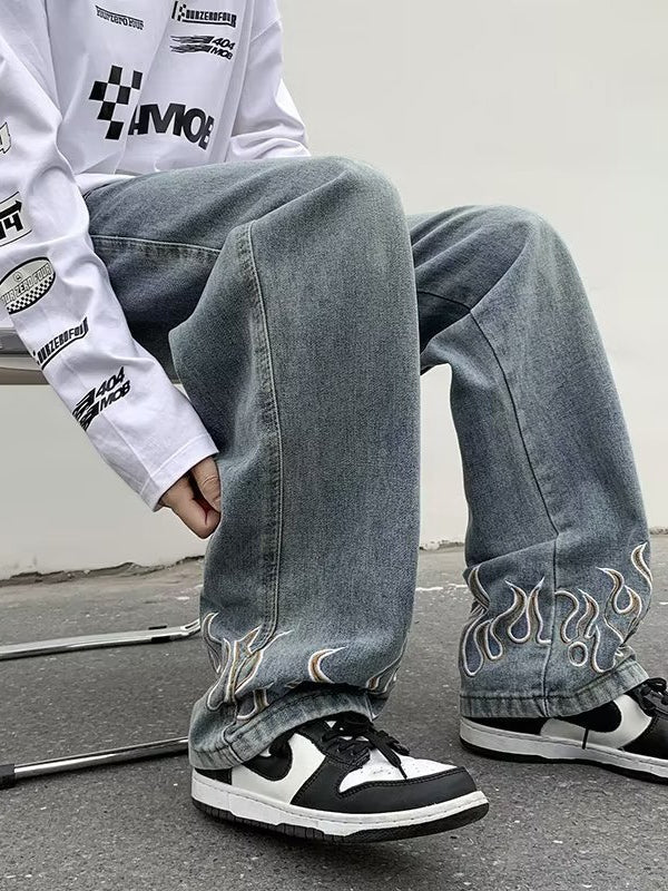 Men's Flame Embroidery Patched Straight Leg Jeans