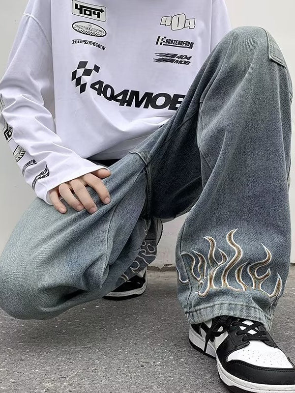Men's Flame Embroidery Patched Straight Leg Jeans