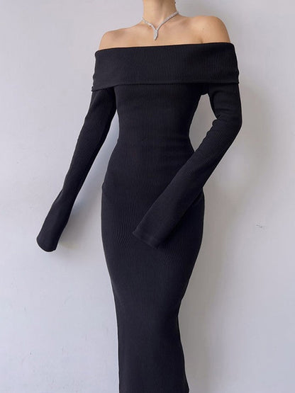 Off Shoulder Black Long Sleeve Knitted Maxi Dress