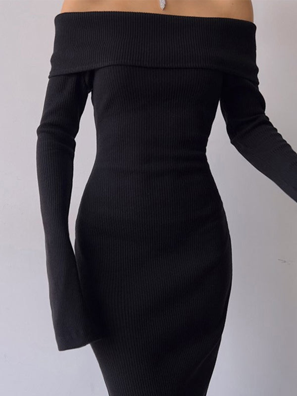Off Shoulder Black Long Sleeve Knitted Maxi Dress