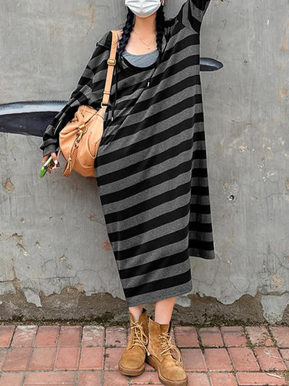 Hooded Stripe Long Sleeve Maxi Dress