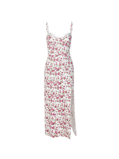 Lace Trim Slit Floral Maxi Dress