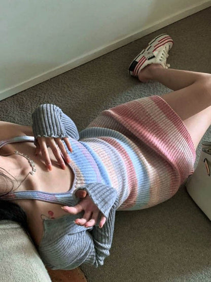 Color Block Striped Halter Knitted Mini Dress