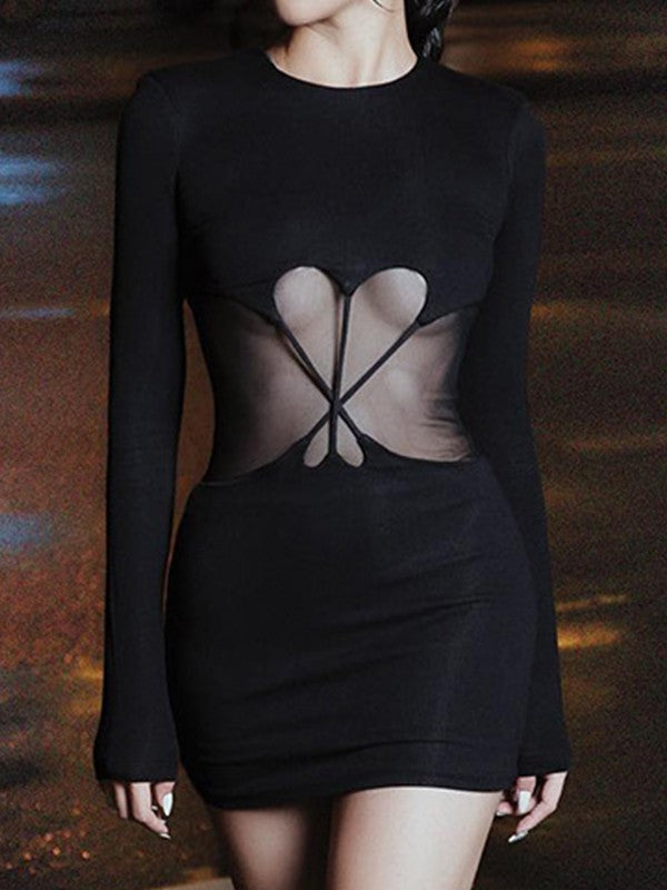 Mesh Paneled Black Long Sleeve Mini Dress