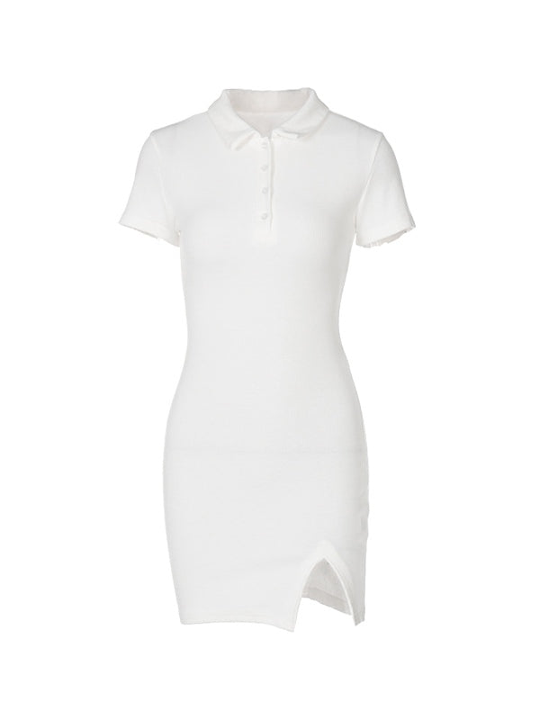 Ribbed Short Sleeve Slit Mini Dress