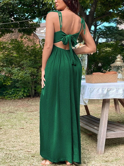 Lace Up Backless Green Maxi Dress