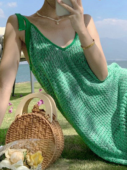 Lace Up Green Crochet Knit Maxi Dress