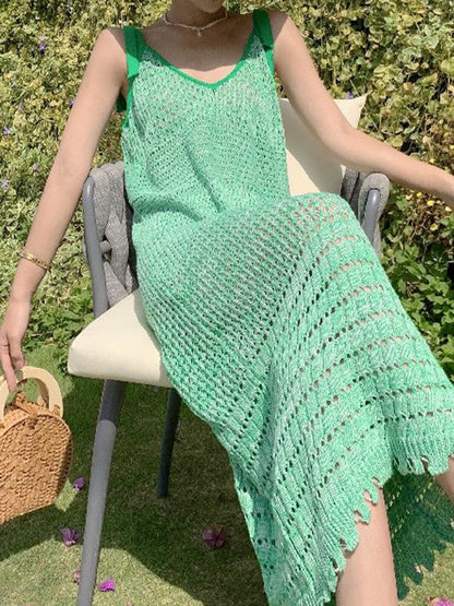 Lace Up Green Crochet Knit Maxi Dress