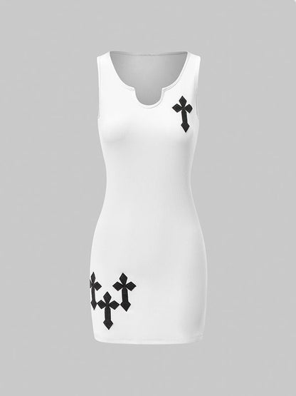 Cross Patch Ribbed Sleeveless Mini Dress