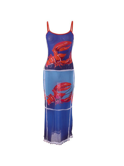 Lobster Printed Mesh Bodycon Maxi Dress