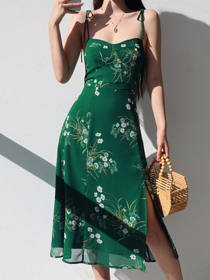 Lace Up Slit Green Maxi Dress