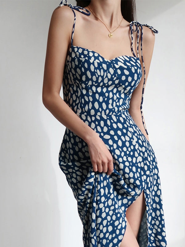 Dalmatian Print Tie Strap Split Maxi Dress