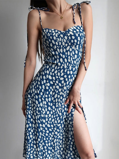 Dalmatian Print Tie Strap Split Maxi Dress
